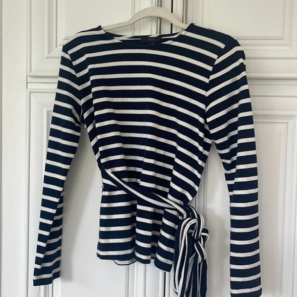 J. Crew Tops - J.Crew Striped belted crossback top navy white OPEN Back cotton size small